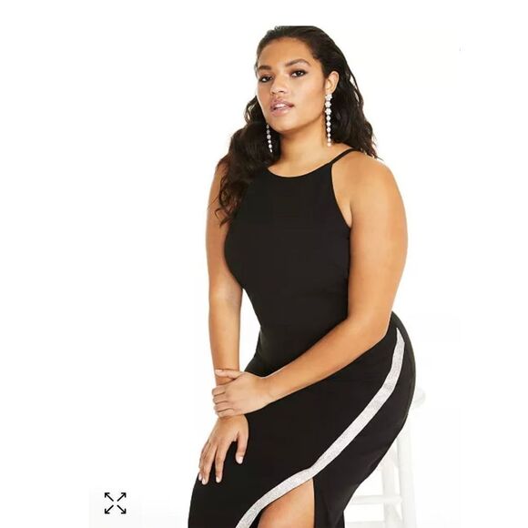 BCX Black Sleeveless Halter Maxi Evening‎ Dress Rhinestone Bias Slit Size 3X New - Picture 3 of 4